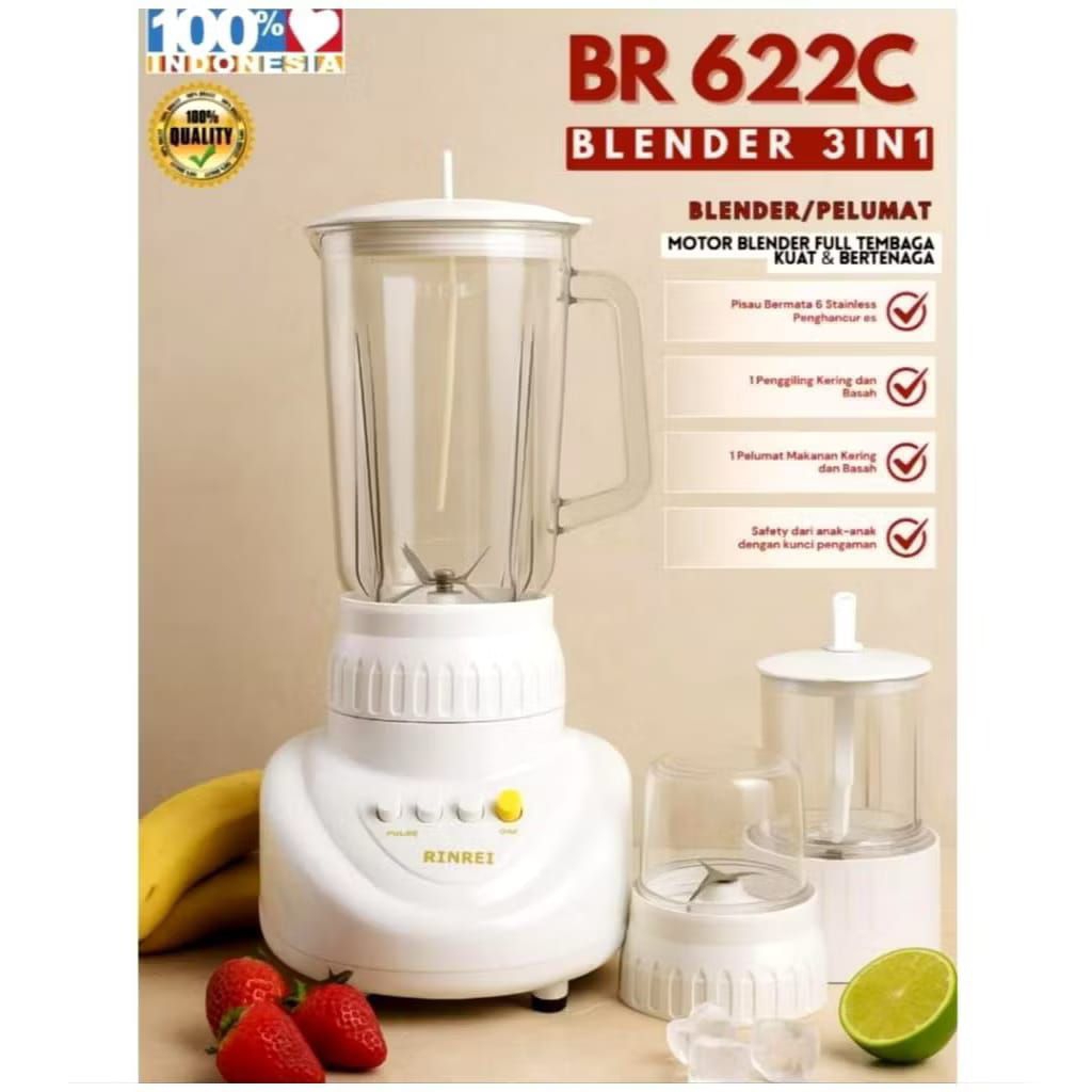 Blender Rinrei BR-622C 3in1 wadah plastik kapasitas 1Liter