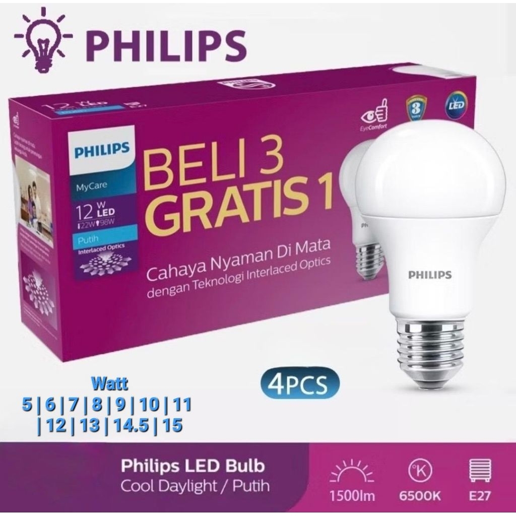 Lampu Philips LED Bulb Putih Multipack Beli 3 Gratis 1
