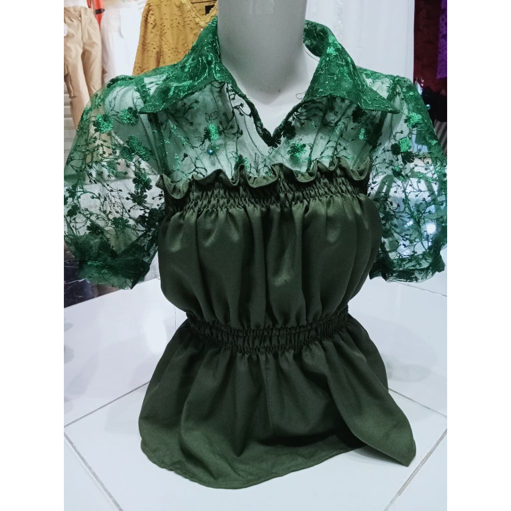BAJU KEBAYA BLOUSE KEBAYA BAHAN TILE GLITER MIX SHAKILA LEMBUT BAHUS MEWAH WARNA PINK KYNING HIJAU B