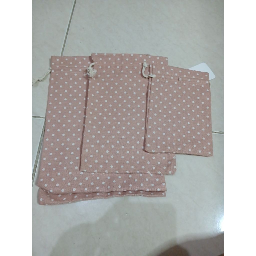 Tas serut kecil penyimpanan perhiasan aksesoris 3pc kantong kain polkadot pink mini pouch