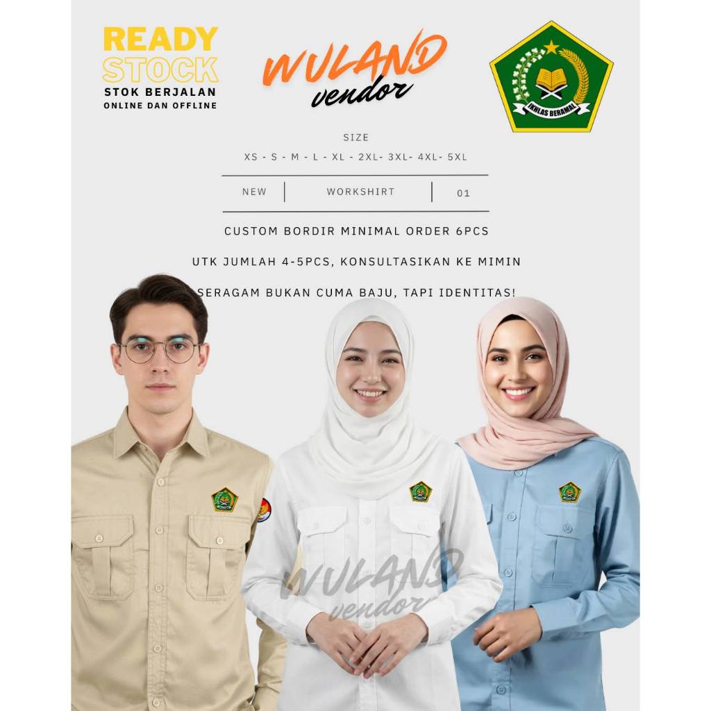 Baju Seragam Kemenag Terbaru untuk Pria Wanita Warna Krem Muda, Putih, Biru Muda, Include Bordir Log