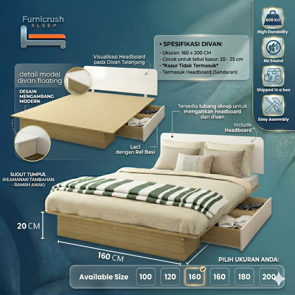 Furnicrush Sleep Dipan Kasur 160 X 200 / Ranjang Tempat Tidur / Divan 160 / Dipan Laci / Divan Queen