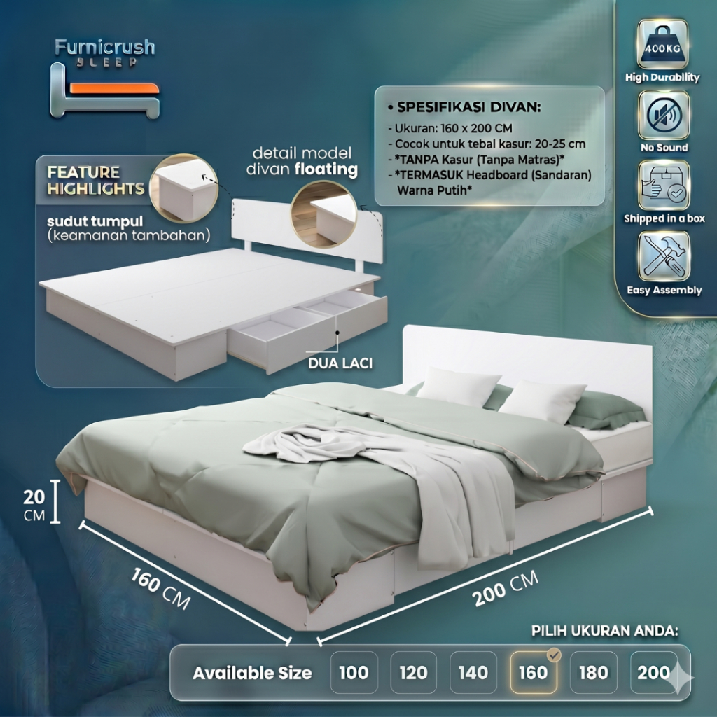 Furnicrush Sleep Dipan Kasur 160 X 200 / Ranjang Tempat Tidur / Divan 160 / Dipan Laci / Divan Queen