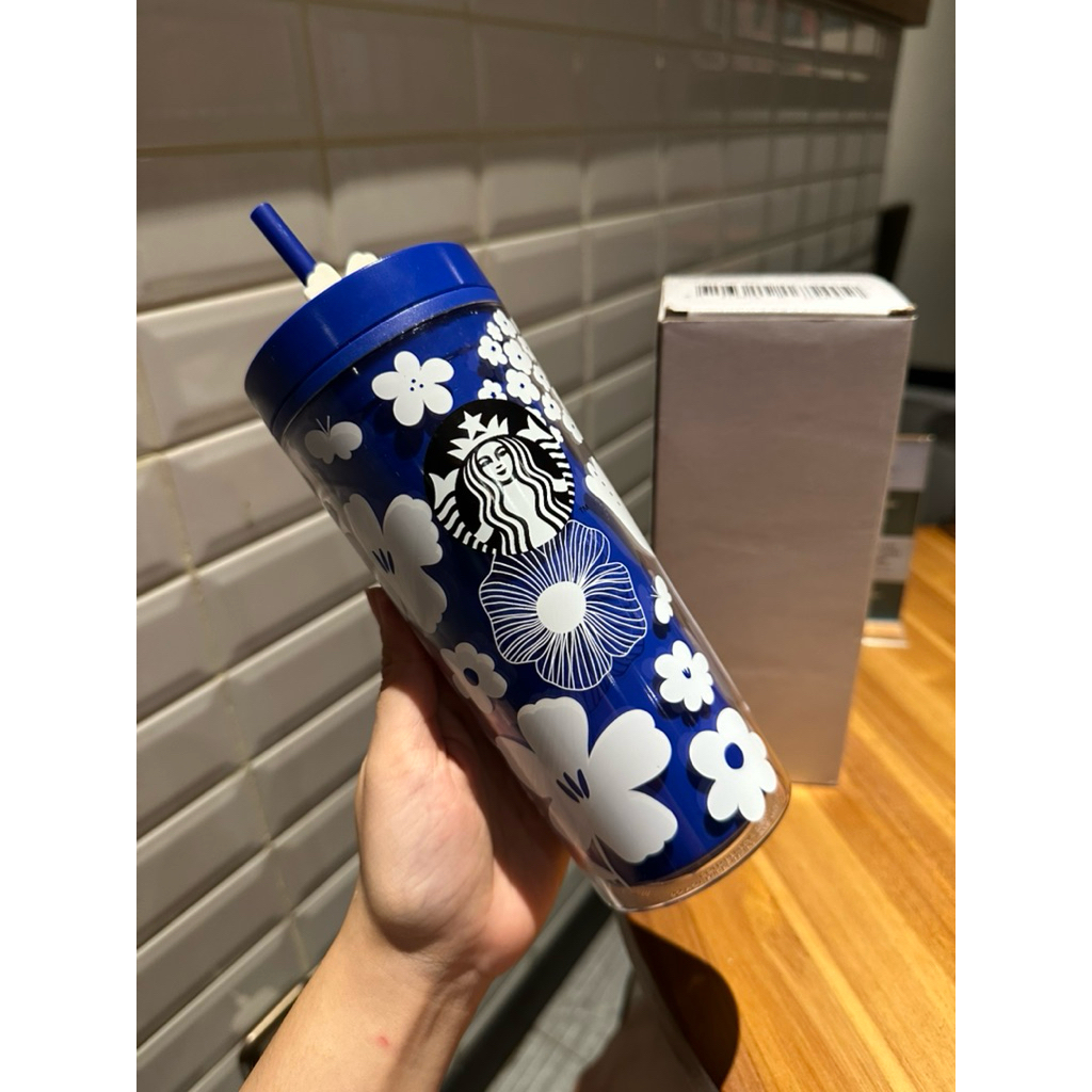 AVAMORE NEW SALE Tumbler Starbucks White Blue With Flowers Topper Original Starbucks