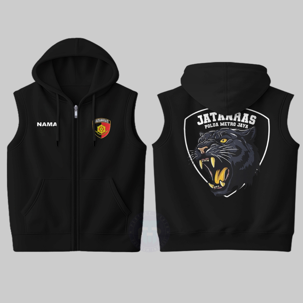 Rompi Pria Vest Hoodie Zipper Jaket Jatanras Polda Metro Jaya Custom Free Nama Cotton Fleece Hitam