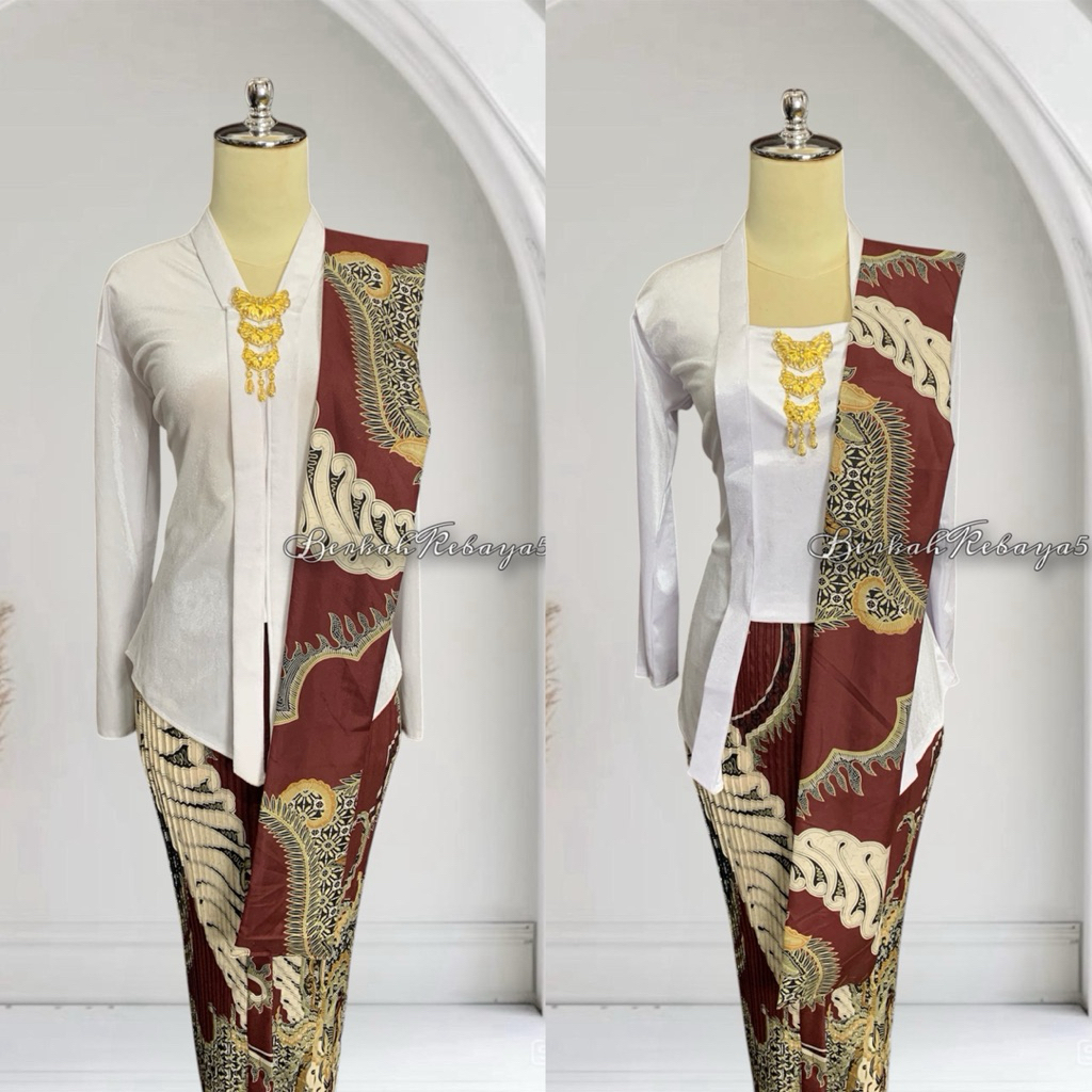 Setelan Kebaya Bludru Warna Putih / Kebaya + Selendang + Jarik Wiru Motif Sekar Arum Merah