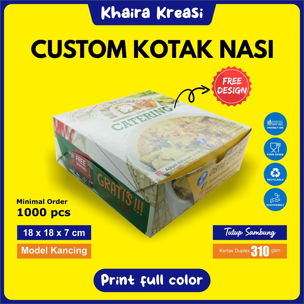 Cetak Custom Dus / Kotak Nasi ukuran 18 x 18 x 7 cm (Tutup Sambung)