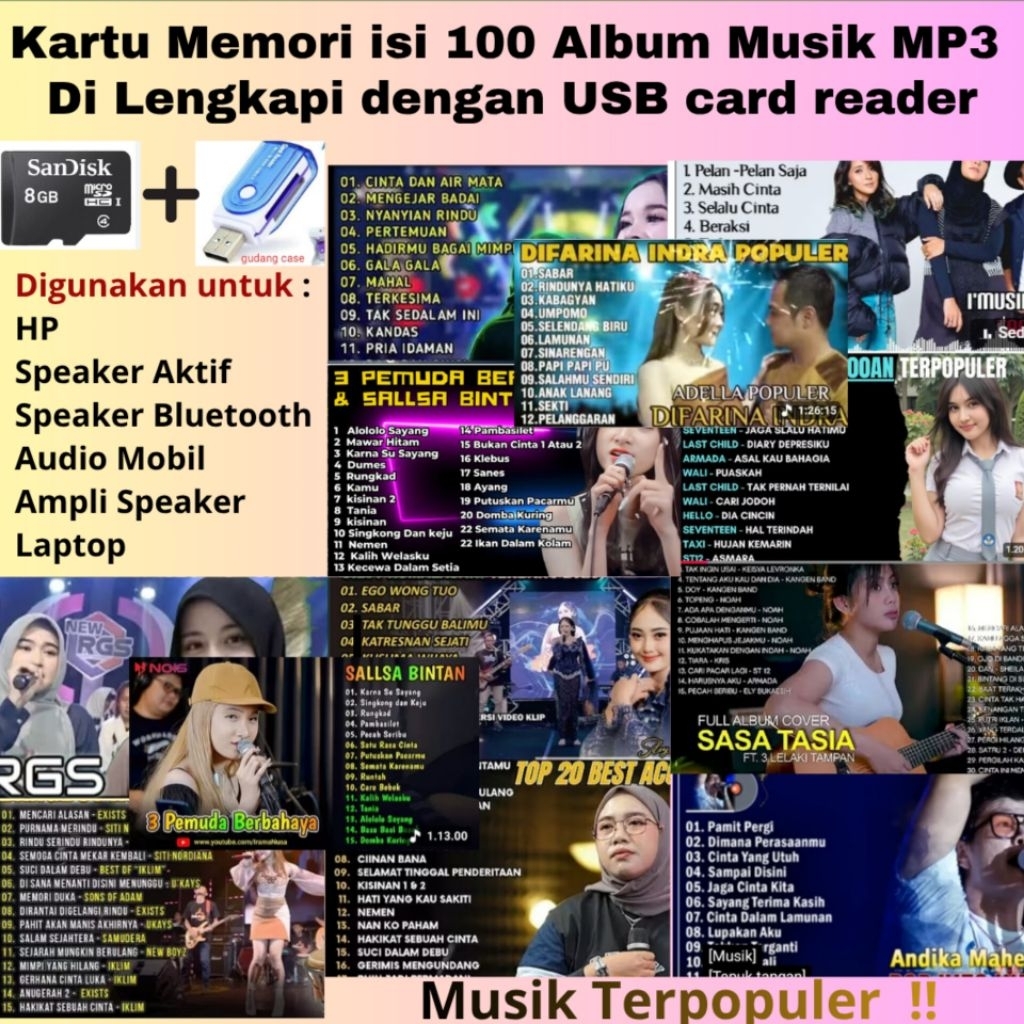 Kartu Memori Full Musik MP3 100 Album + USB Card reader ( isi ribuan lagu terpopuler )