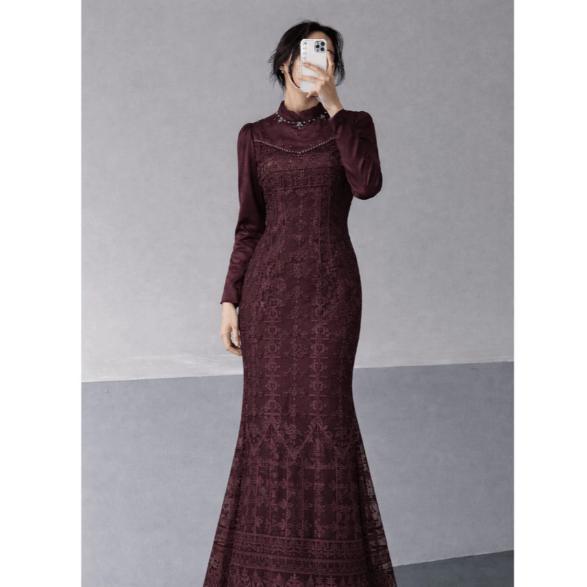 Leona Gamis Kondangan Lebaran Wanita Remaja Duyung Bahan Satin Mix Brukat Lengan Kancing