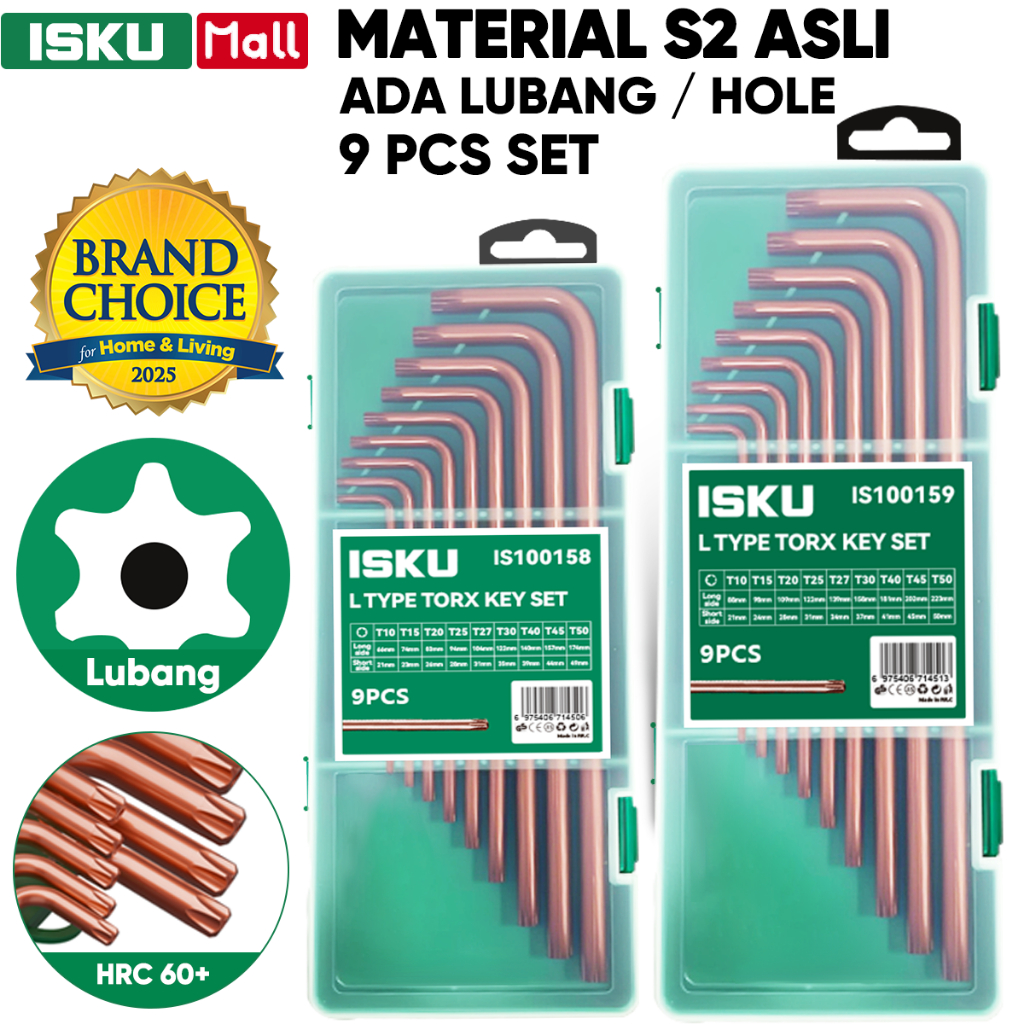 ISKU Kunci L Bintang Set S2 Steel Lubang Torx Key Tamper Proof Extra Long & Medium Anti Slek