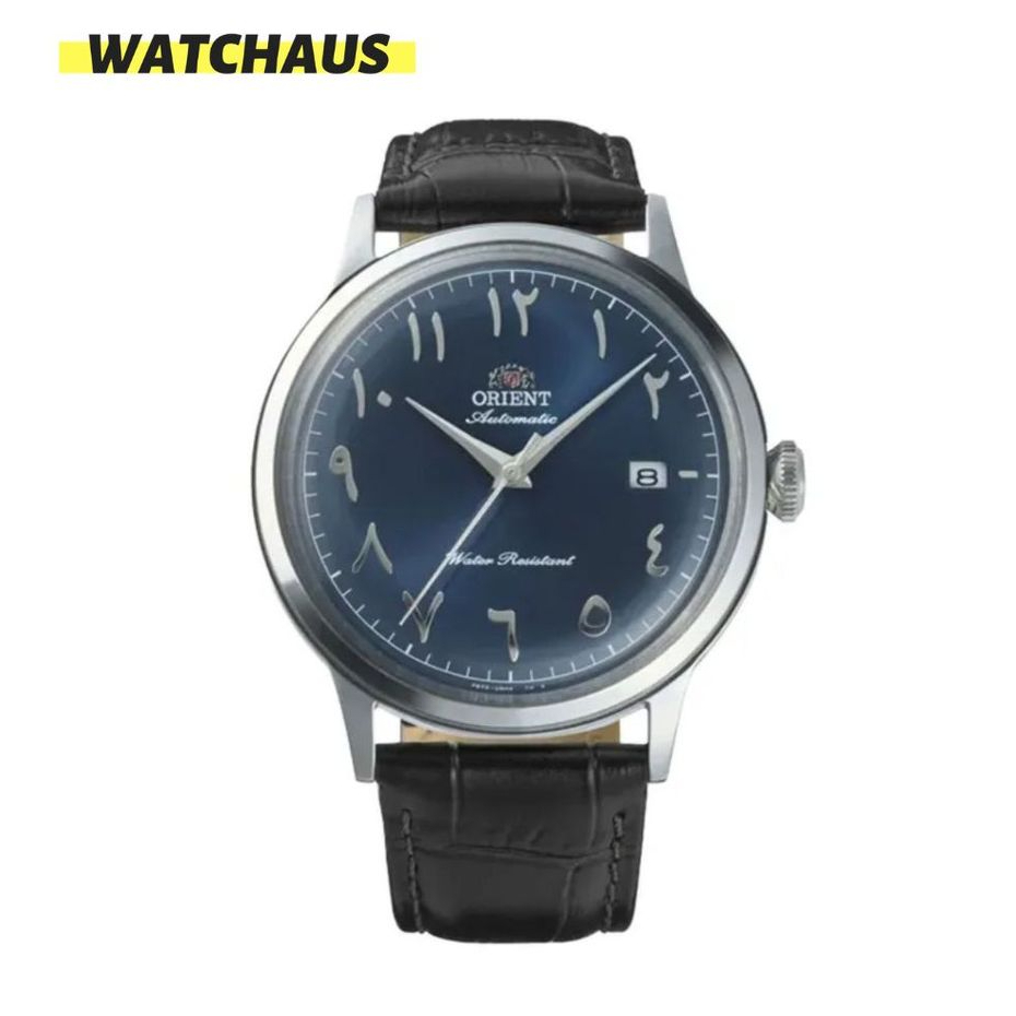 JAM TANGAN PRIA ORIENT CLASSIC RA-AC0036L BAMBINO AUTOMATIC NAVY BLUE ARABIC DIAL BLACK LEATHER