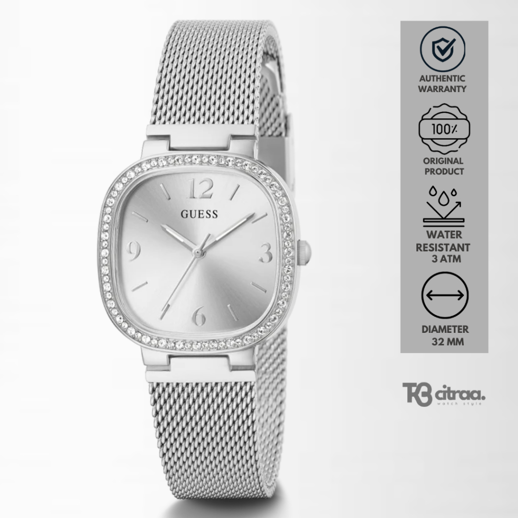 Jam Tangan Wanita Guess Tapestry Silver Slim Stainless Steel Casual Mewah Original GW0354L1