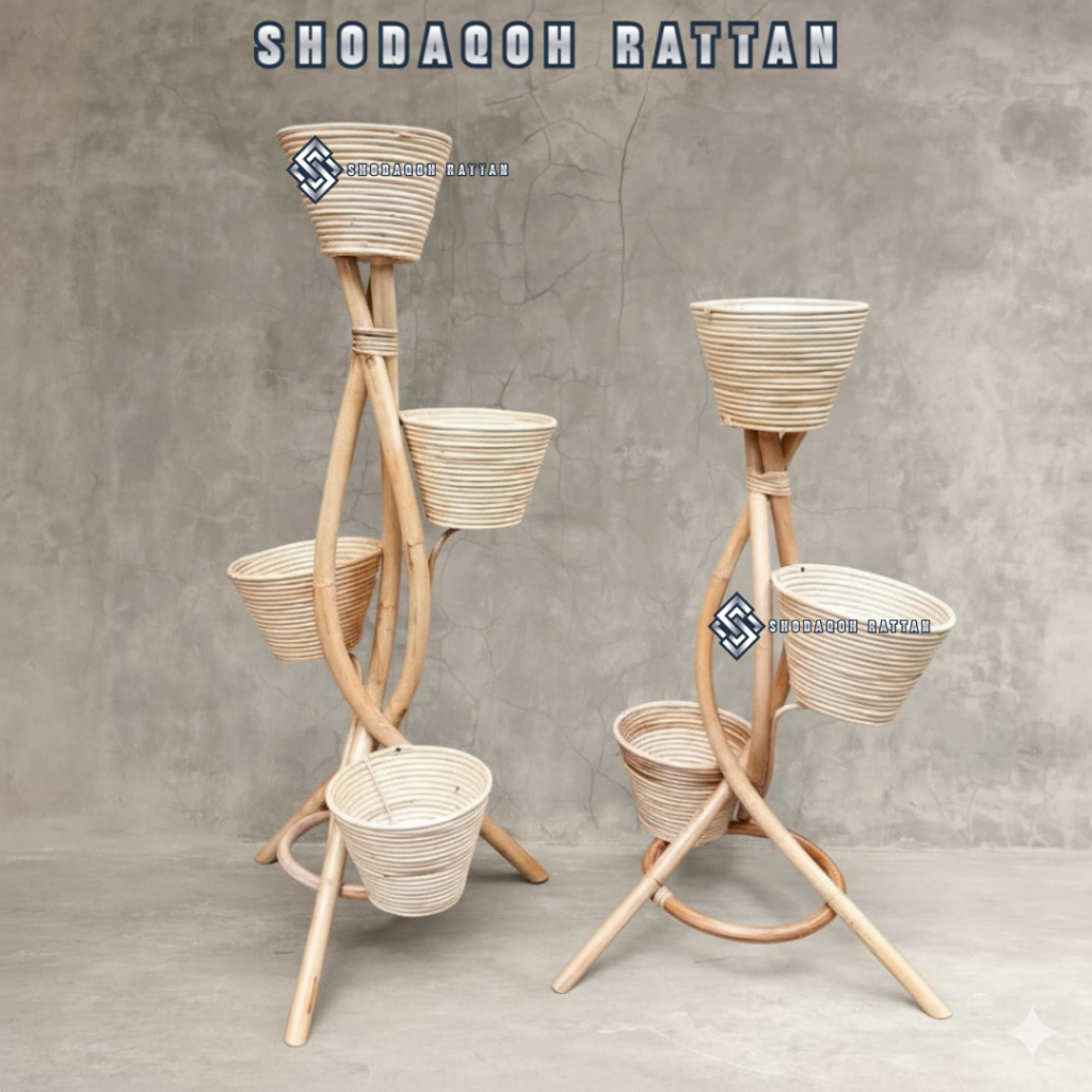 Standing Pot Rotan Susun 3 dan 4 Model Zigzag Dekorasi Cafe Aesthetic