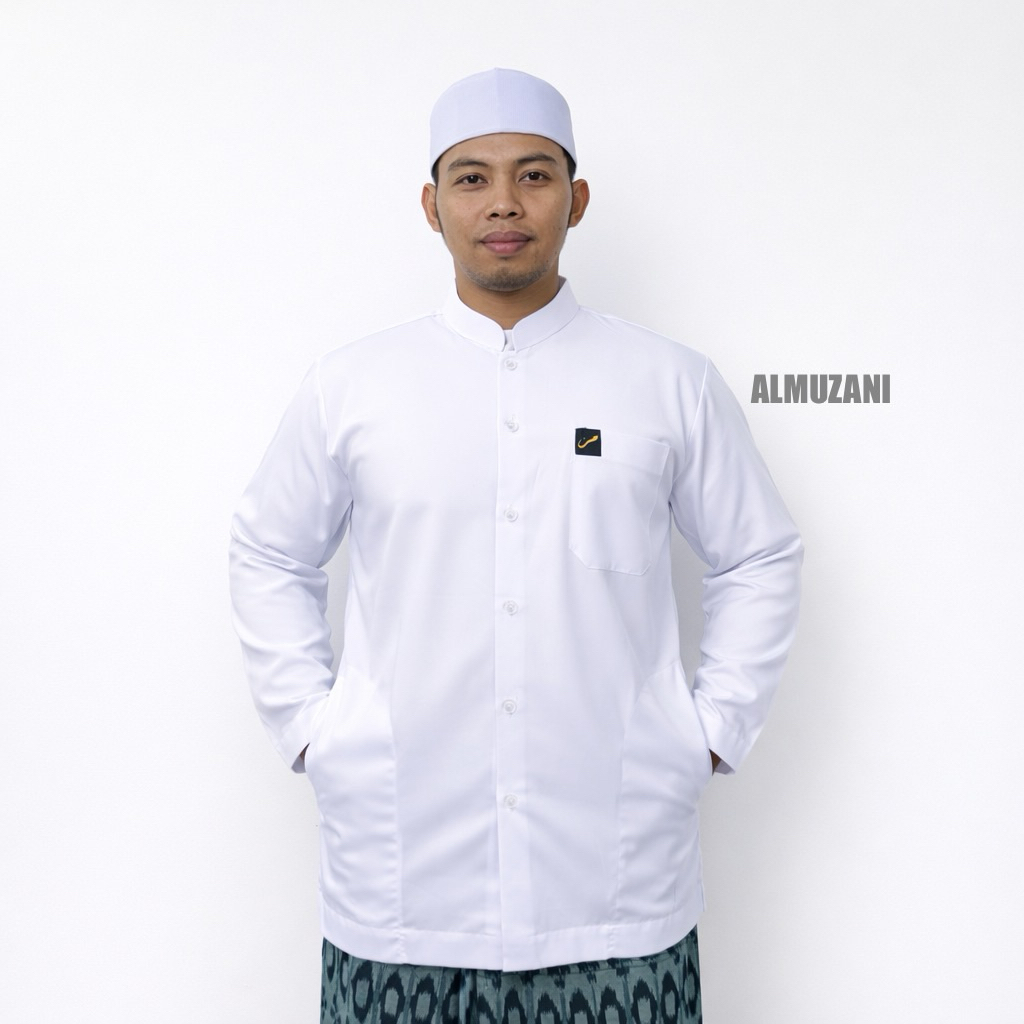 ALMUZANI Baju Koko Putih Pria Dewasa Saku Samping Lengan Panjang