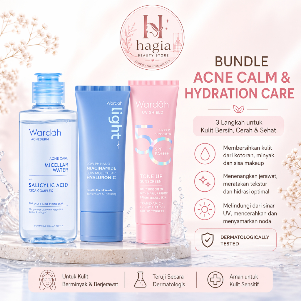 Wardah Acne Calm Hydration Care Set 3in1 Cleanser Facial Wash Sunscreen Tone Up Original Paket Skinc