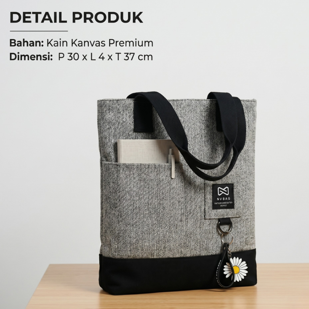 Tas Tote Bag Kanvas Wanita Pria Aesthetic Buat Kuliah Kerja - Tas Bahu Muat Laptop Resleting & Saku