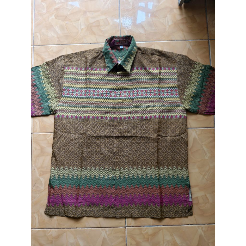 Batik Pria Merek Enam Saudara Casual Warna Coklat Hijau Merah Muda Oren Motif Tenun Bahan Katun Sutr