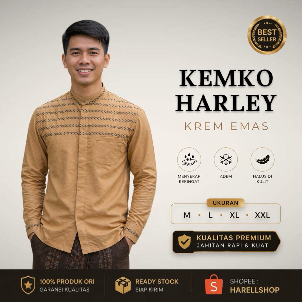 Kemko Harley Pria Lengan Panjang Krem Emas Gold dan Coklat Bronze | Baju Koko Modern Katun Adem | Ko