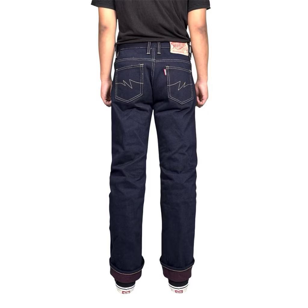 Midfielder denim selvedge denim 20oz weft maroon rope dyed indigo