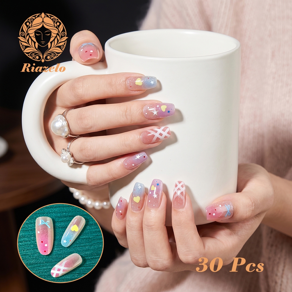 30 Pcs Kuku Palsu Panjang Oval Cat Eye | Kuku Palsu Blush On Aesthetic Kuku Palsu Manicure Profesion