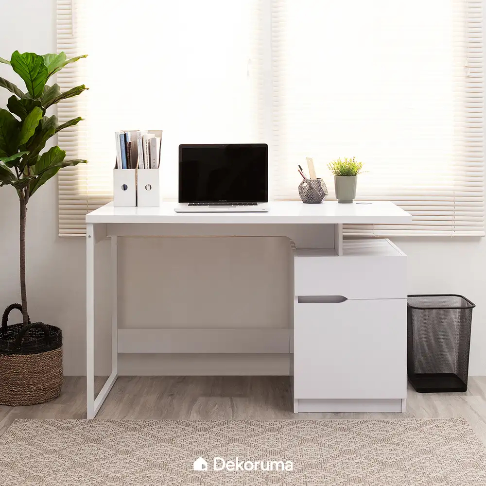 Dekoruma Lexa Desk - Meja Belajar Minimalis / Meja Kerja Putih dengan Lemari dan Laci Besi