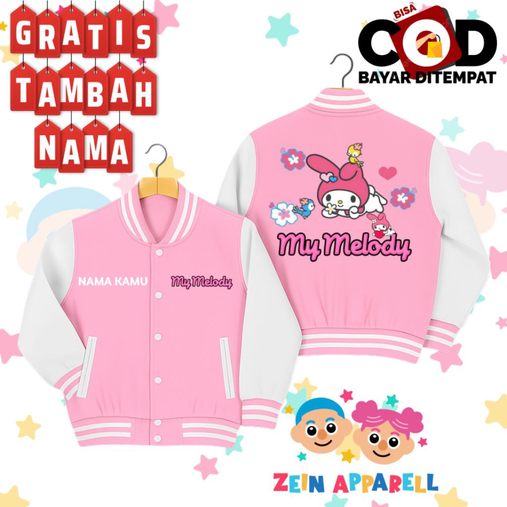 JAKET VARSITY ANAK MY MELODY - JAKET BASEBALL ANAK LUCU UNIK GRATIS NAMA