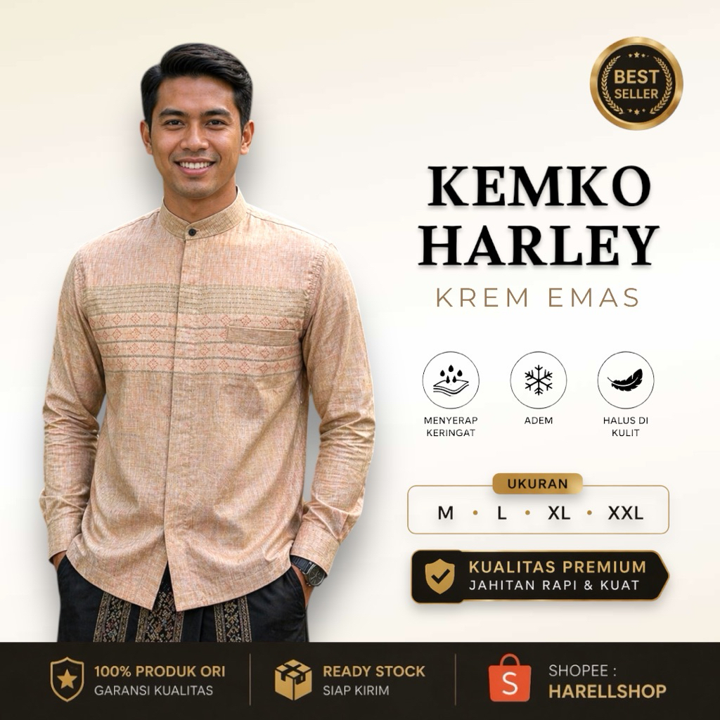 Kemeja Koko Harley Pria Krem Emas Lengan Panjang Katun Berserat Motif Modern M L XL XXL