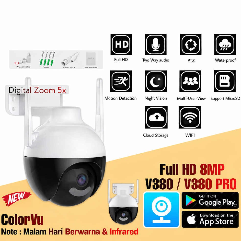 IP CAMERA CCTV 8MP OUTDOOR WIFI SPEED DOME MicroSD PTZ FULL HD 1080P APP V380 MALAM BERWARNA