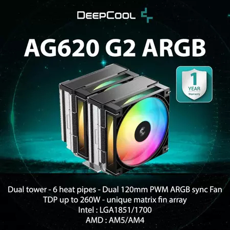 Deepcool AG620 G2 ARGB Dual Tower HSF CPU Cooler Intel AMD