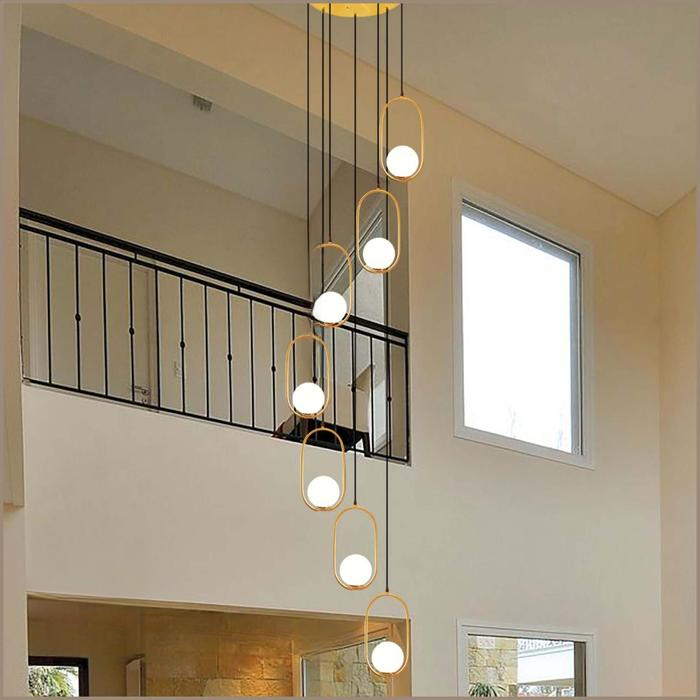 Lampu hias gantung void tangga MODERN MINIMALIS OVAL GOLD susun bola kaca putih susu simple elegan p