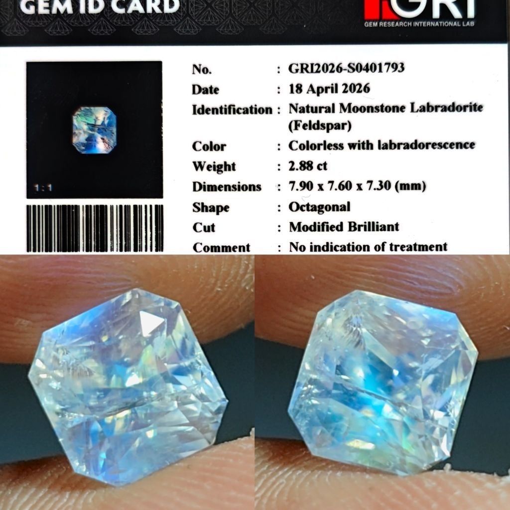 Natural Rainbow Multicolor Moonstone 2.88ct GRI Top Crystall Luster Pelangi Gemericik Siang Malam Bo