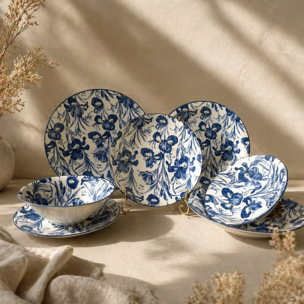 SAKATO Piring Makan Ceper Keramik 10.5" Motif Bunga Iris Blue 1 Lusin