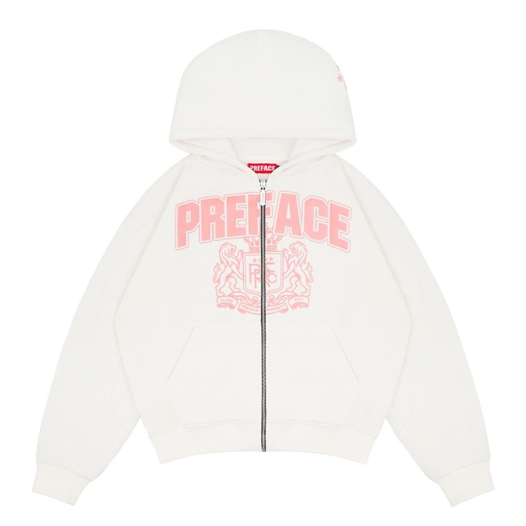 Preface Almamater Jaket Sweater Hoodie Keren Putih Boxy Double Zipper Pria Dan Wanita Aesthetic Vint