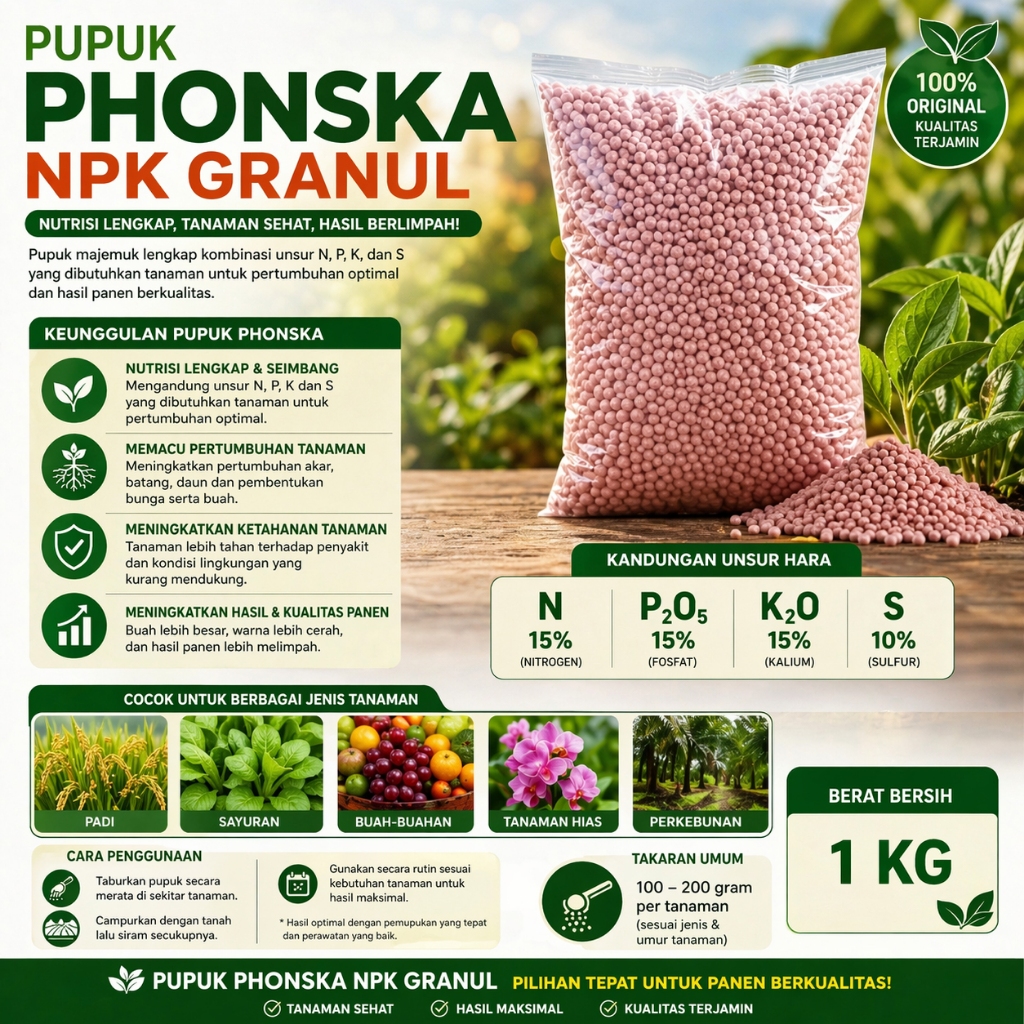 Pupuk Phonska NPK Granul Repack 1kg Non Subsidi • Nutrisi Lengkap • Tanaman Cepat Subur & Buah Lebih