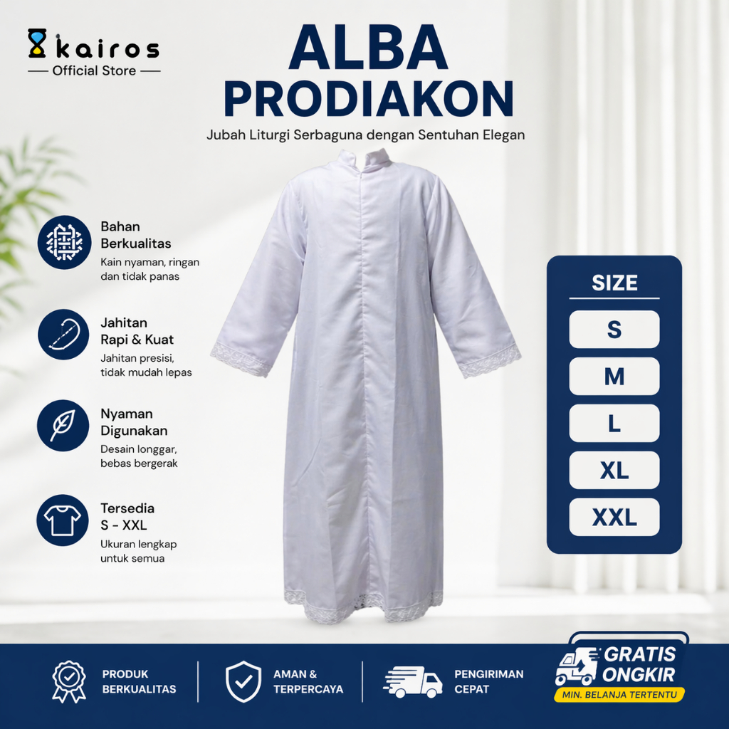 Alba Baju Prodiakon Pria Wanita | Jubah Liturgi Gereja Putih Elegan | Size S M L XL XXL - JUBAH SAJA