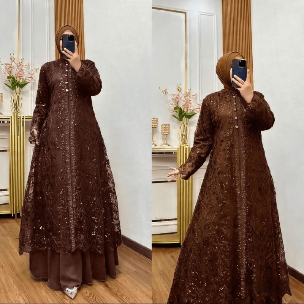 Natasya Dress Gamis Outer Lepas Pasang 2026 terbaru Ceruty Babydoll Mix Brukat Plus Swarosky Gamis