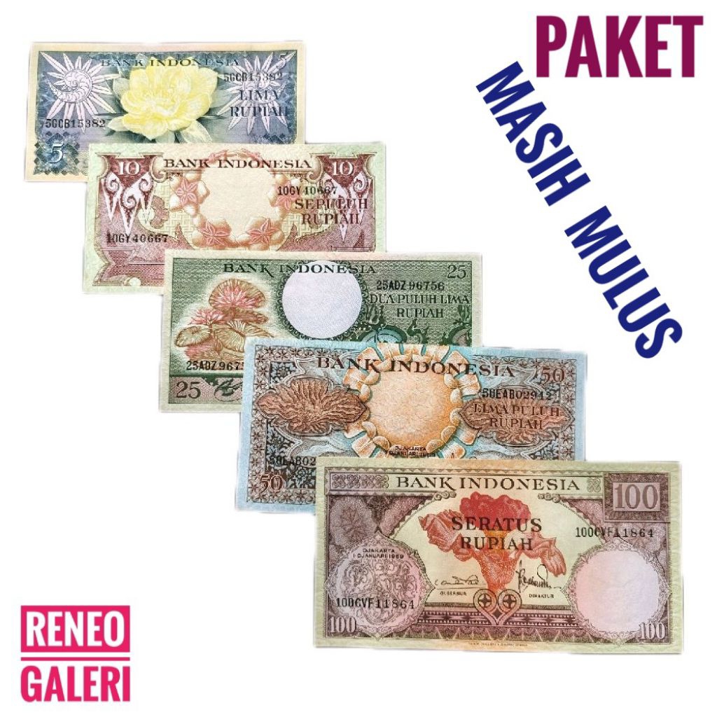 Paket 5 lembar mini set Seri Bunga Tahun 1959 burung Uang Kertas Kuno 5 10 25 50 100 Rupiah Rp Gress