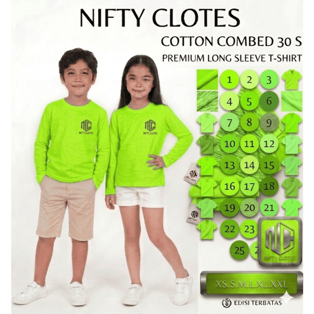 Niftycloth Kaos Polos Anak Lengan Panjang Hijau Stabilo