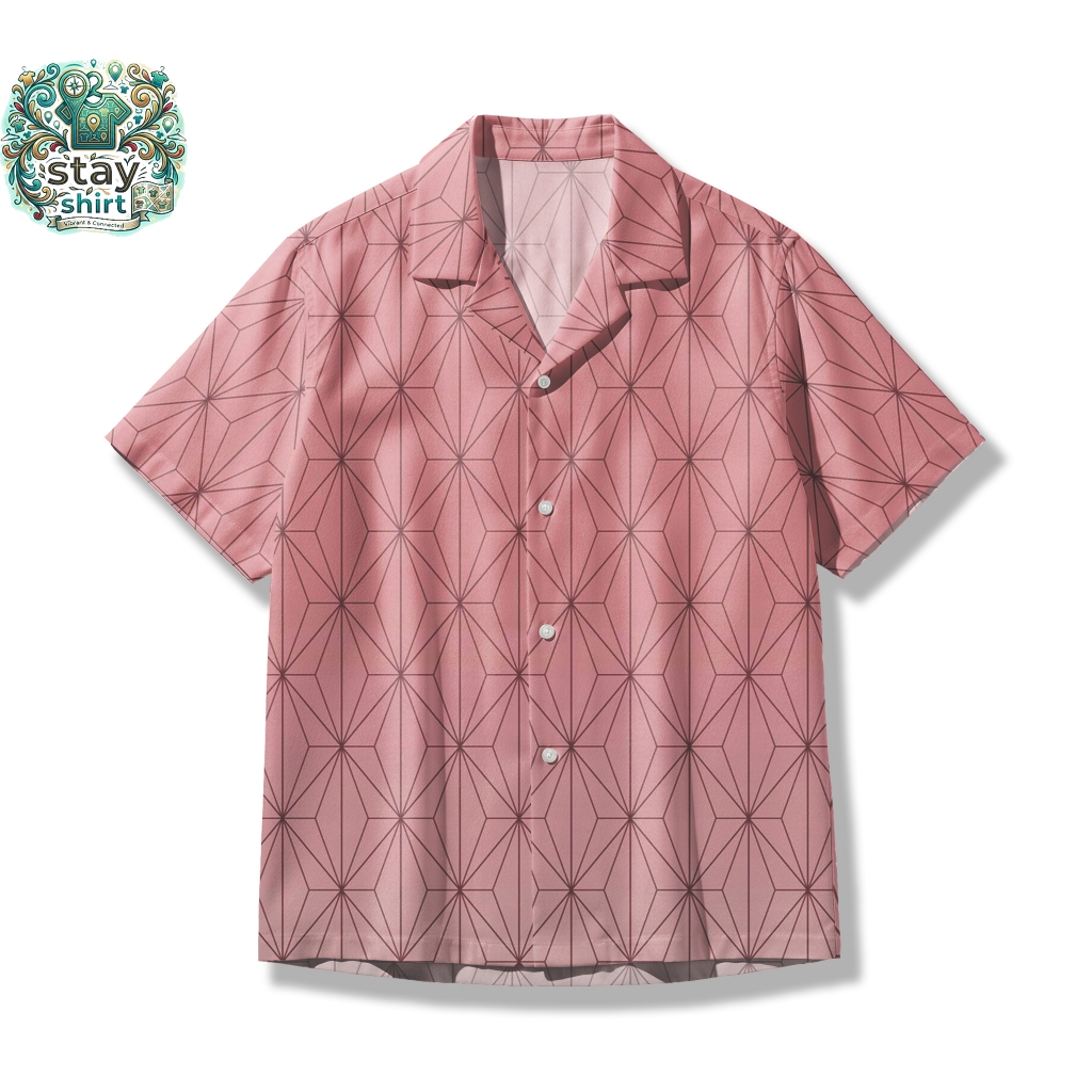 Kemeja Anime Geometric Hemp Pattern - Baju Unisex Pink Motif Asanoha Klasik Kimetsu Yaiba Demon Slay