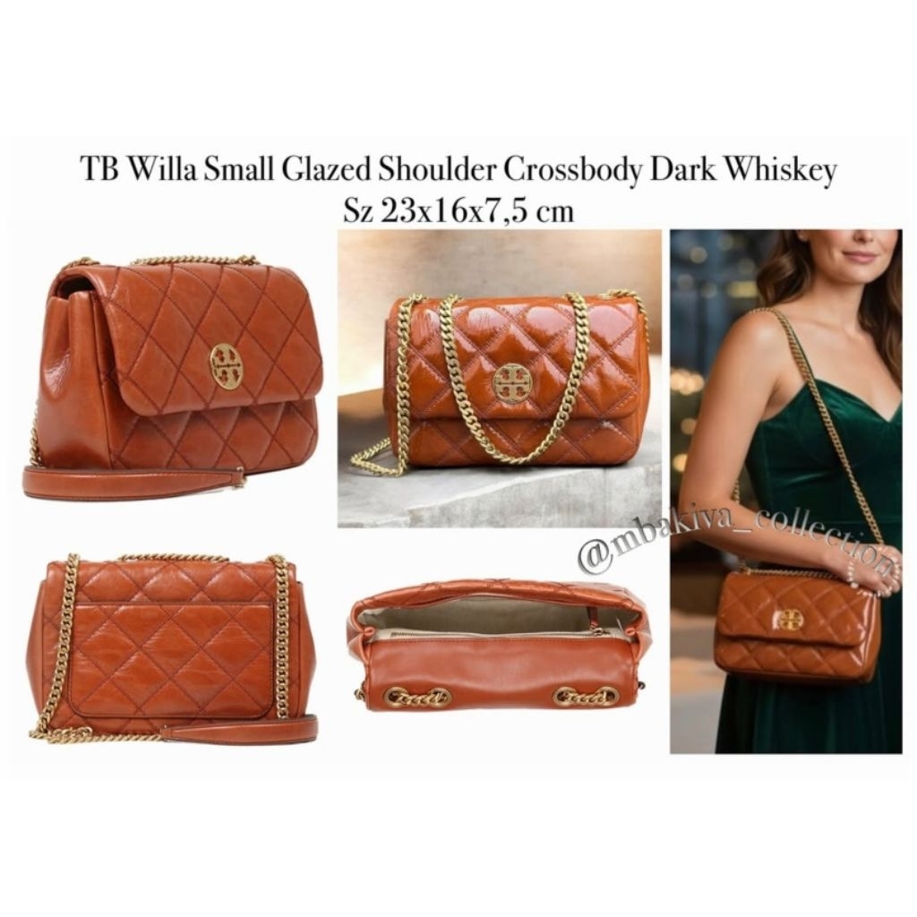 TB Willa Small Glazed Shoulder Crossbody Dark Whsky