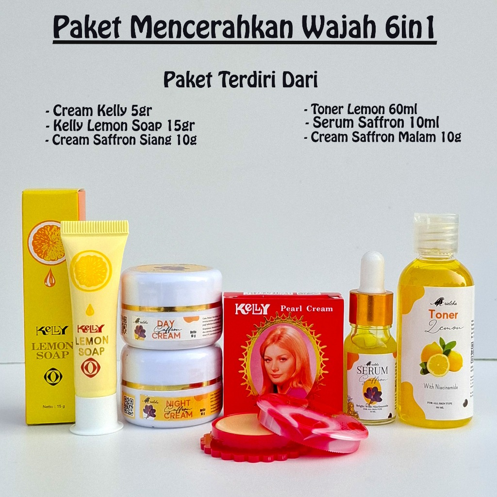 Paket Mencerahkan Wajah 6in1 Cream Siang Malam Saffron - Toner Lemon - Serum Saffron - Kelly Lemon S