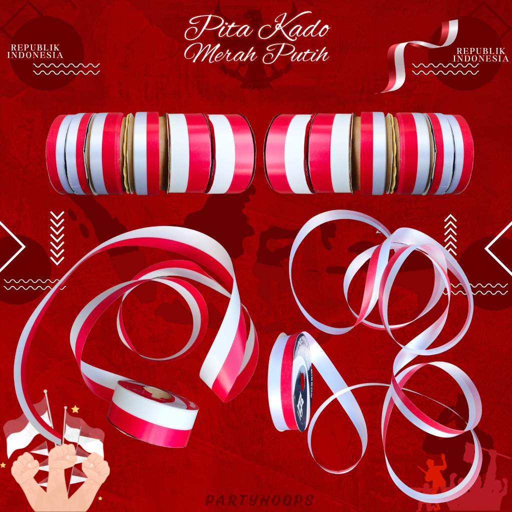 1 Meter Pita Kado Merah Putih Uk 2cm 2,5cm 3,8cm | Pita Bendera Merah Putih 20mm 25mm 28mm | Pita Ka