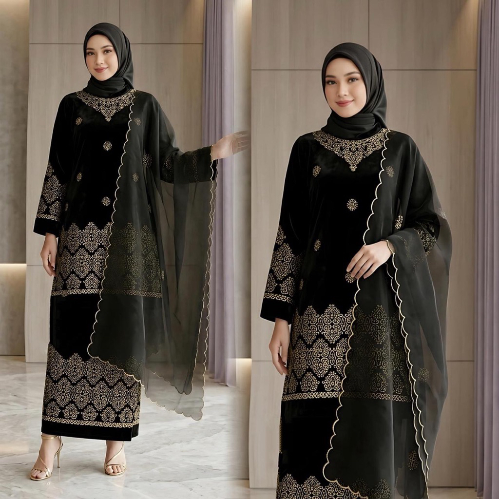 setelan kebaya Melayu model selendang FULL bordir manual wanita baju Melayu trend