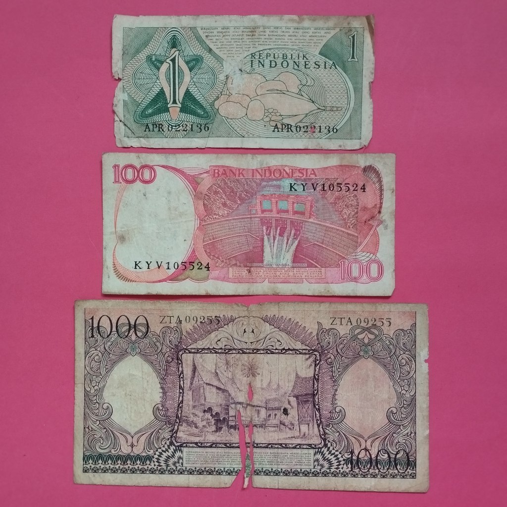 Uang Kuno Kertas Rp 1, Rp 100 Dan Rp 1000 UK 049