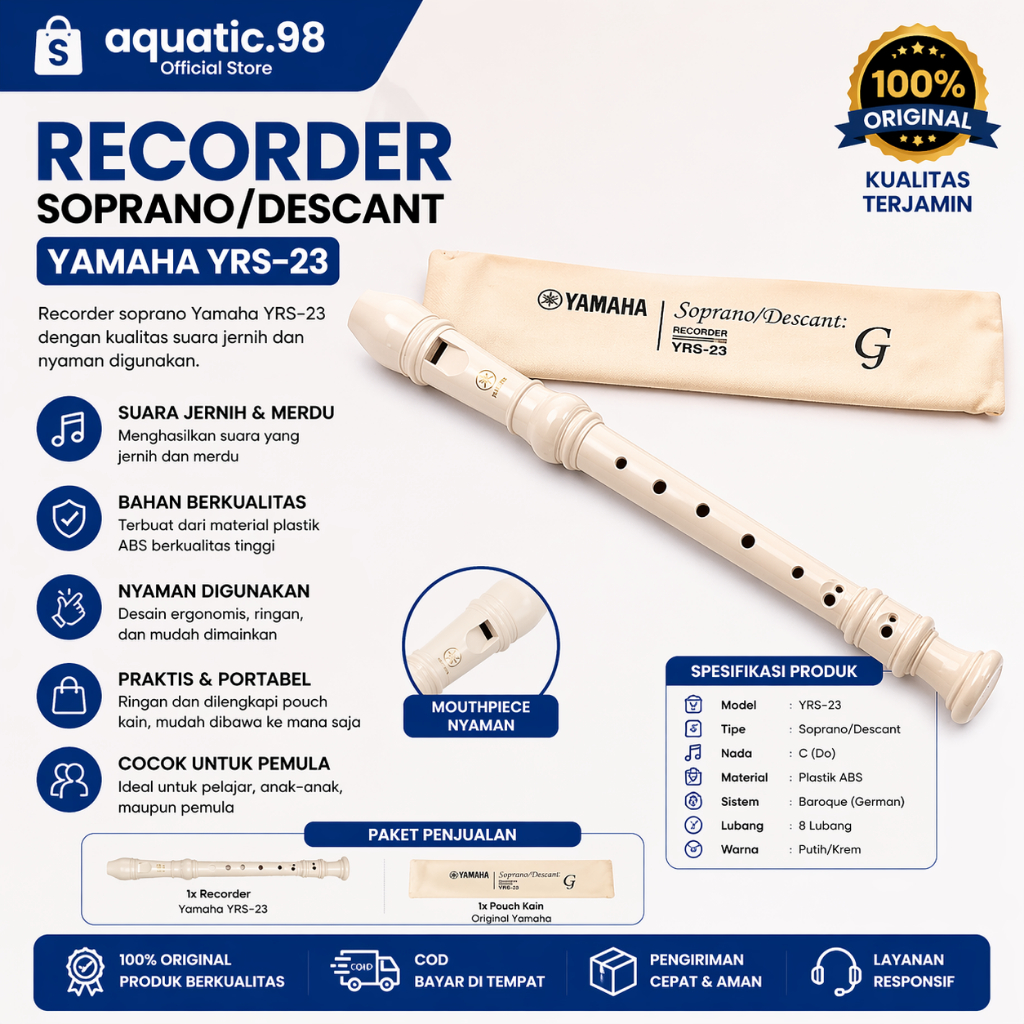 Seruling Recorder Flute Soprano Yamaha YRS-23 | Suling/Seruling Alat Musik Tiup