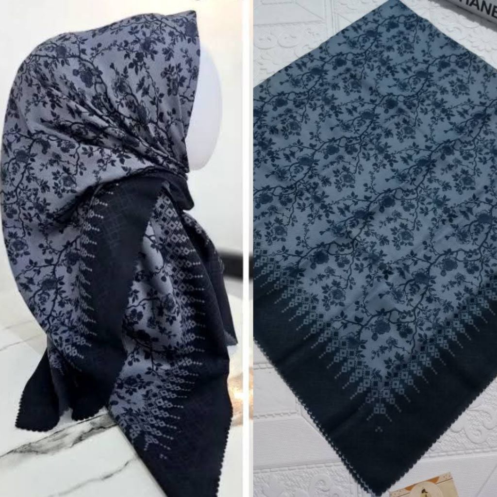 Hijab Segiempat Voal Premium Sublim Abu Tua Malay Hijab Katun Voal Motif Hijab Segiempat Motif