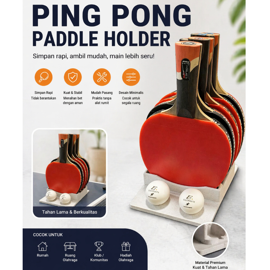 Rak Bet Ping Pong Dinding Minimalis | Holder Bet Tenis Meja Hemat Ruang & Mudah Pasang