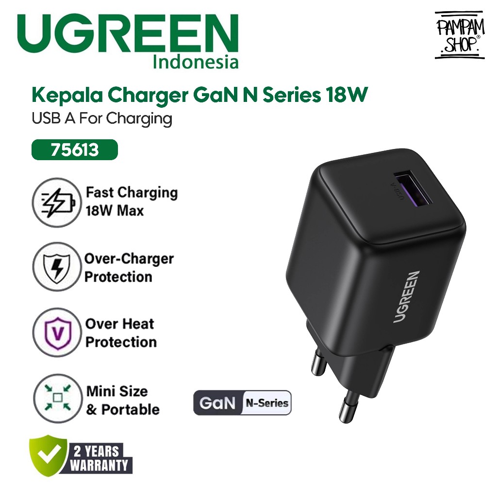 UGREEN 75613 Kepala Adaptor Charger USB A 18W 3A GaN N Series Black Hitam PD Fast Charging Power Del