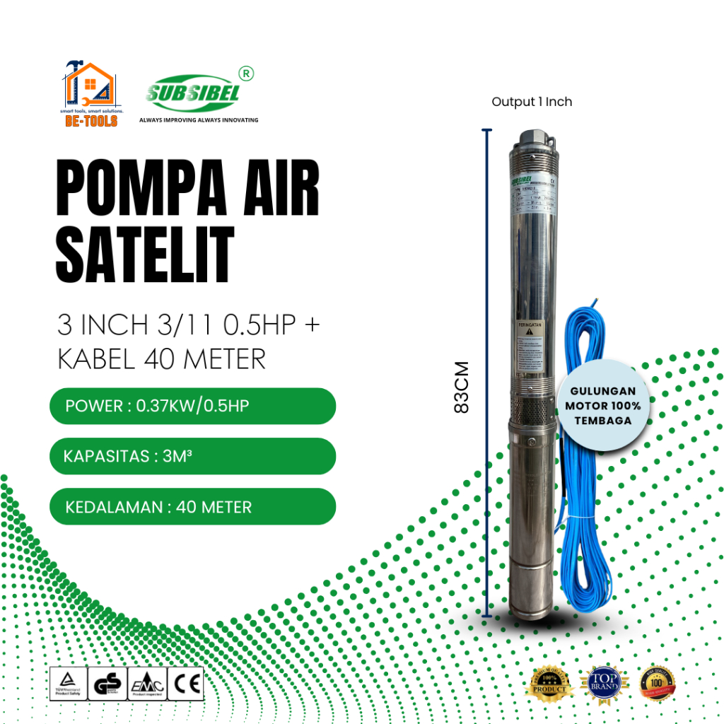 Subsibel Pompa Satelit/Submersible 3 Inch 3/11 - 0.5HP Kabel 40 Meter Motor Tembaga 100% Solusi Kebu