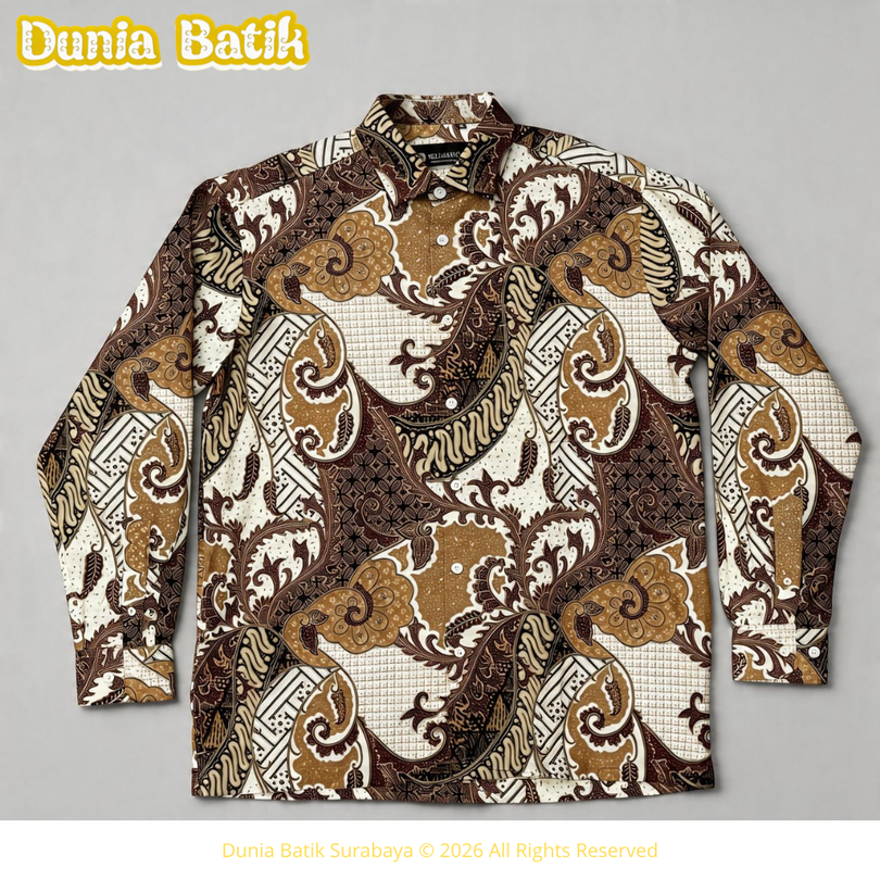 V4 Classic - Kemeja Batik Putih Karamel Lengan Panjang Reguler Fit Bahan Premium 0011